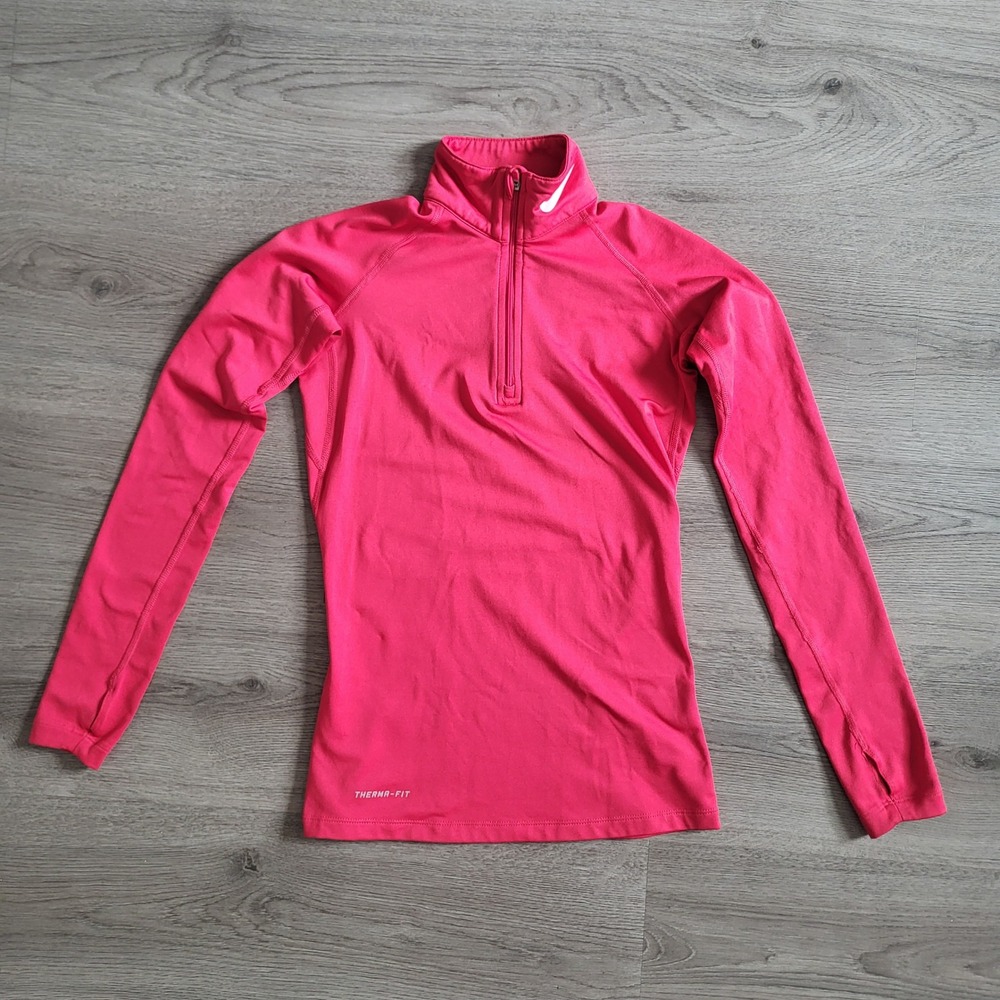 Nike Therma-FIT Womens XS Pink Quarter Zip Long Sleeve Running Top Thumbholes